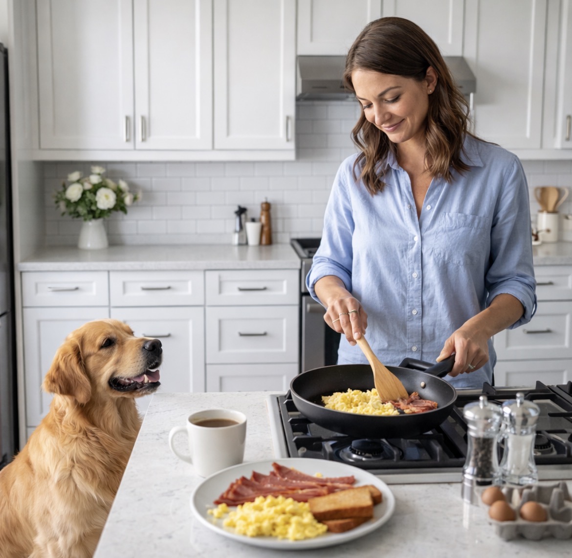 Woman cooking breakfast while her dog watches eagerly in a bright kitchen.