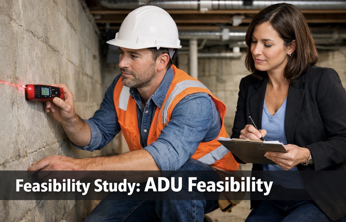 Two construction professionals discussing ADU feasibility on a tablet.