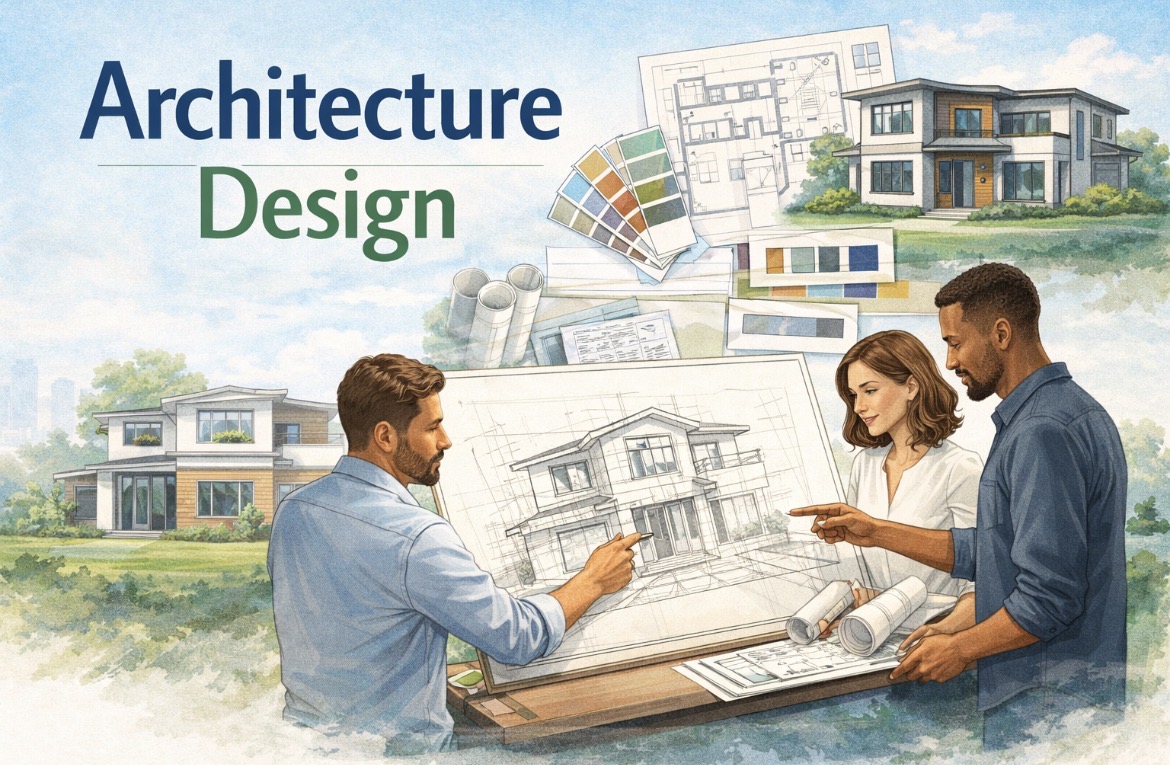 Architect and client discussing house design blueprint.