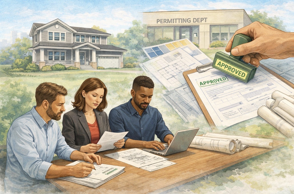 People reviewing documents in permitting department.