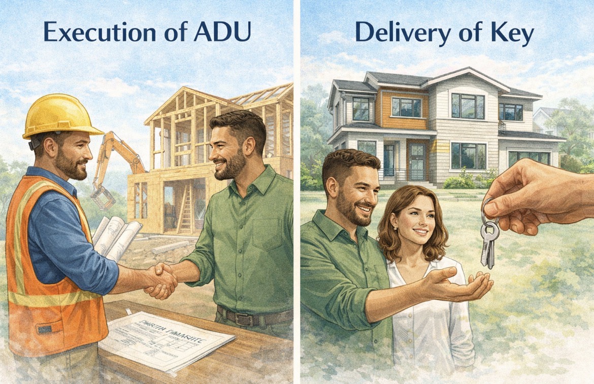 Two illustrations showing ADU construction and delivery to happy homeowners.