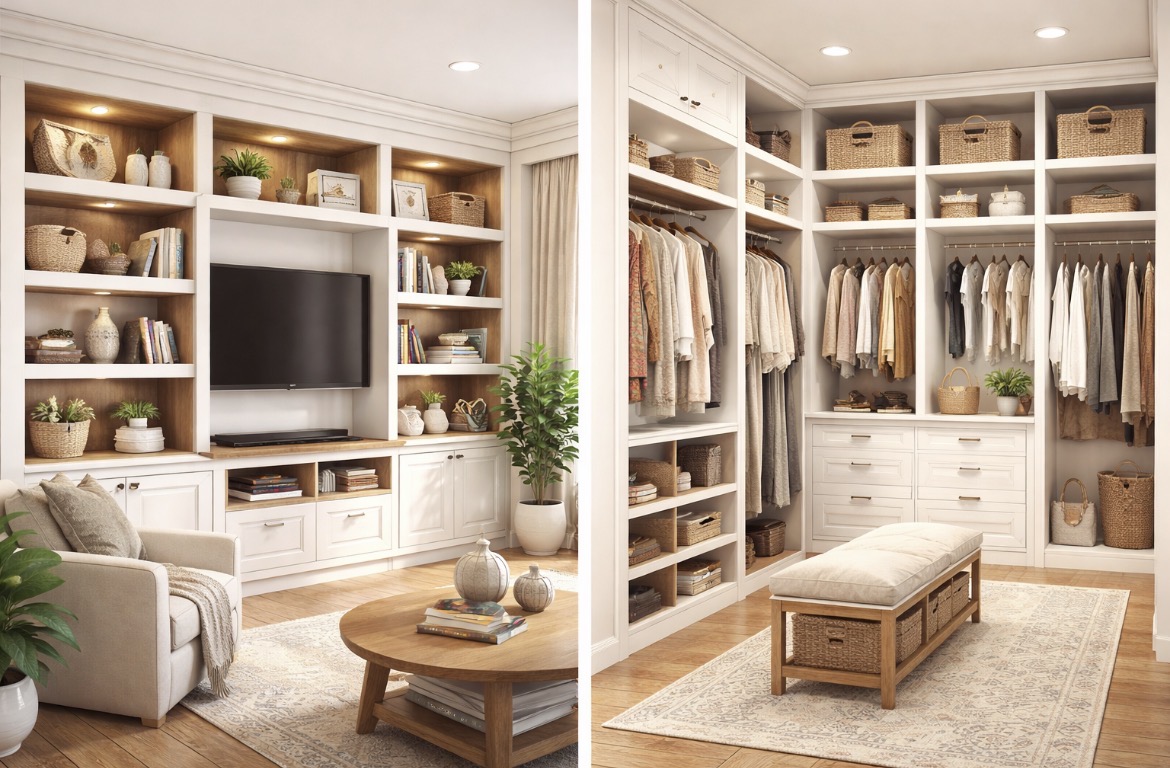 Elegant walk-in closet with organized shelves, hanging clothes, and a cozy seating bench.