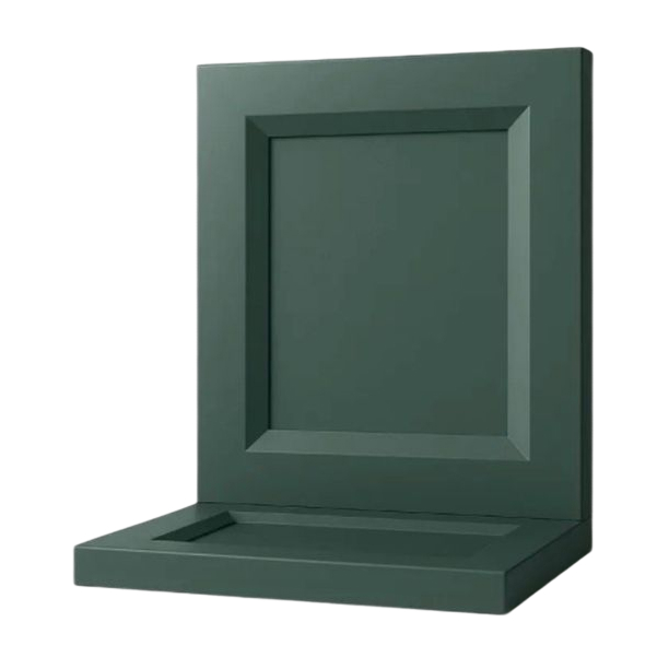 Dark green display stand with recessed tray